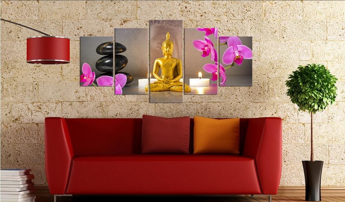 ( No Frame)5PCS/Set HD Modern Canvas Golden Buddha Wall Decor Buddhism Art Oil Painting Print on Canvas Home Decor Canvas Painting Picture