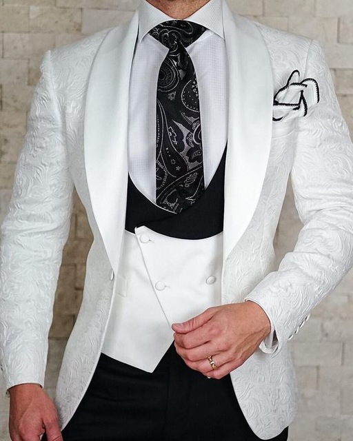 Custom Made Men Suits White Pattern With Black Groom Tuxedos Shawl Satin Lapel Groomsmen Wedding Best Man ( Jacket+Pants+Vest+Tie ) L390