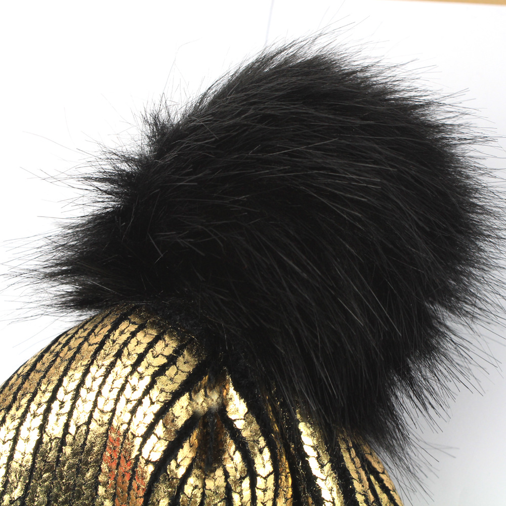 Knitted Bronzing Gold Silver Beanie Cap Pompom Winter Hats For Women Fur Pom Pom Ball Hat Ladies Girls Warm Skullies Beanies