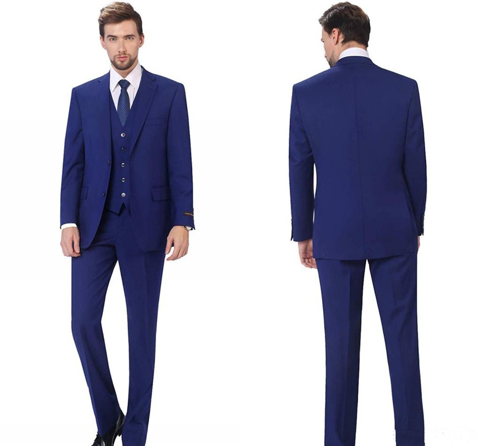 2020 Newst Blue Mens Suits Two Buttons Peak Lapel Groomsmen Best Groom Tuxedos Three-piece Mens Wedding Suits
