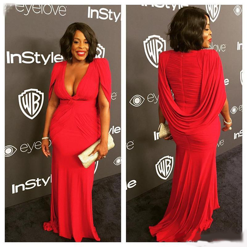 Niecy Nash Plus Size Red Golden Globe Red Carpet Cheap Evening Gowns with Cape Mermaid Chiffon Deep V-Neck Women Formal Celebrity Dress
