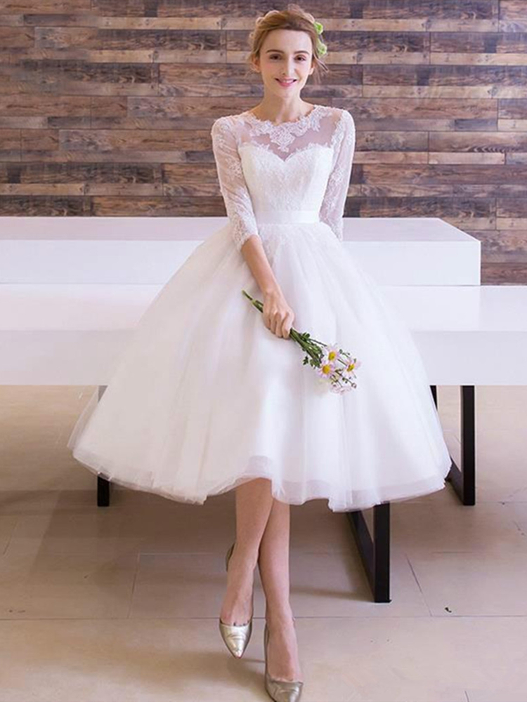 50s Vintage Tea Length Wedding Dress Half Sleeve Small Round Neck Lace Tulle A Line Short Bridal Gowns Vestidos De Noiva, Champagne
50s Vintage Tea Length Wedding Dress Half Sleeve Small Round Neck Lace Tulle A Line Short Bridal Gowns Vestidos De Noiva, Champagne