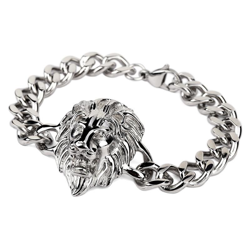 Wholesale-Gold Bracelet Men Hiphop Lion Head Bracelet Charms Stainless Steel Wrist Chains Punk Rock Bracelet 24cm