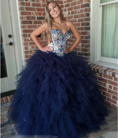 Crystal Dark Navy Ball Gown Quinceanera Dresses Sweet Heart Major Beading Cascading Ruffles Formal Evening Party Gowns for Sweet 15