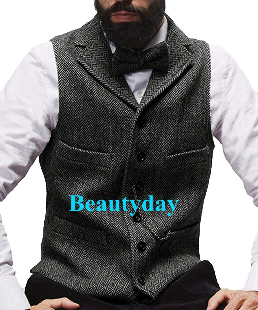 2019 Farm Brown Groom Vests Wool Herringbone Tweed Vest Slim Fit Men's Suit Vest Prom Country Wedding Waistcoat Dress Tailor Made Plus Size