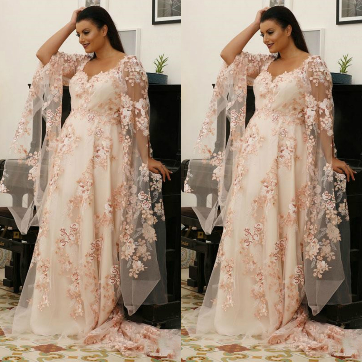 Plus Size Pink Prom Dresses Lace Appliques Long Sleeve Scoop Neck Arabic Dubai Evening Gowns Plus Size Party Dress
