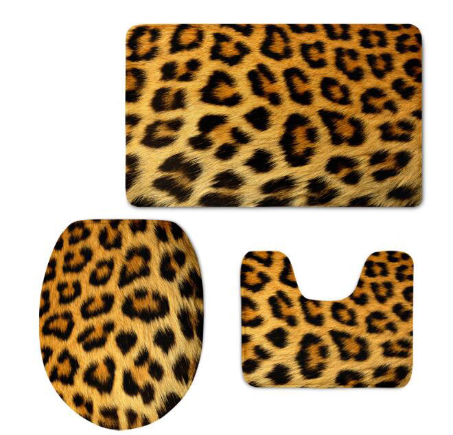3D Leopard Grain Toilet Cover Mat Set Flannel Bathroom Non-Slip Pedestal