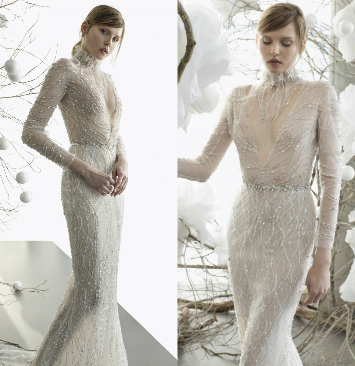 Lace Mermaid Wedding Dresses Deep V Neck Lace Sequins Beads Long Sleeve Beach Wedding Dress Illusion Bodice Sexy Country Bridal Gowns