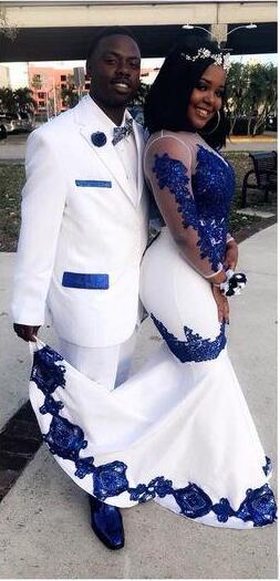 New White Satin Royal Blue Lace Aso Ebi African Prom Dresses Long Illusion Sleeves Applique Evening Formal Gowns Pageant Celebrity Dress