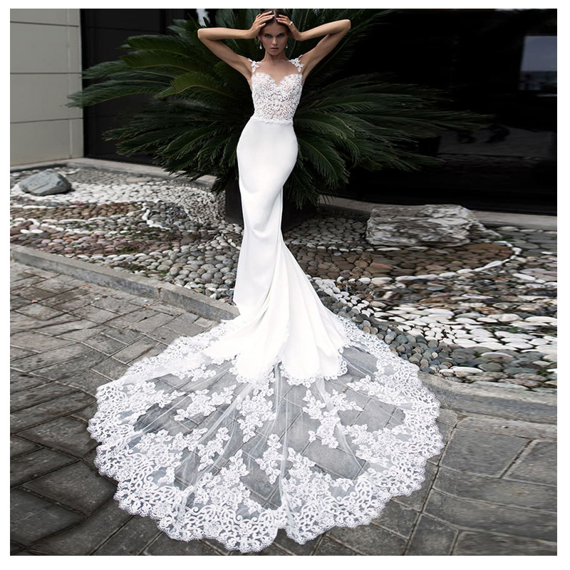 Mermaid Lace Stunning Backless Wedding Dresses Sheer Bateau Neck Sweep Train Appliqued Bridal Gowns Trumpet Plus Size Robe De Marie