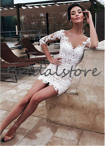 vintage 2 in 1 Short Wedding Dresses With Detachable Skirts Long Sleeve Sheer Neck Lace Button Back Country Bohemian Bridal Gowns Cheap 2019