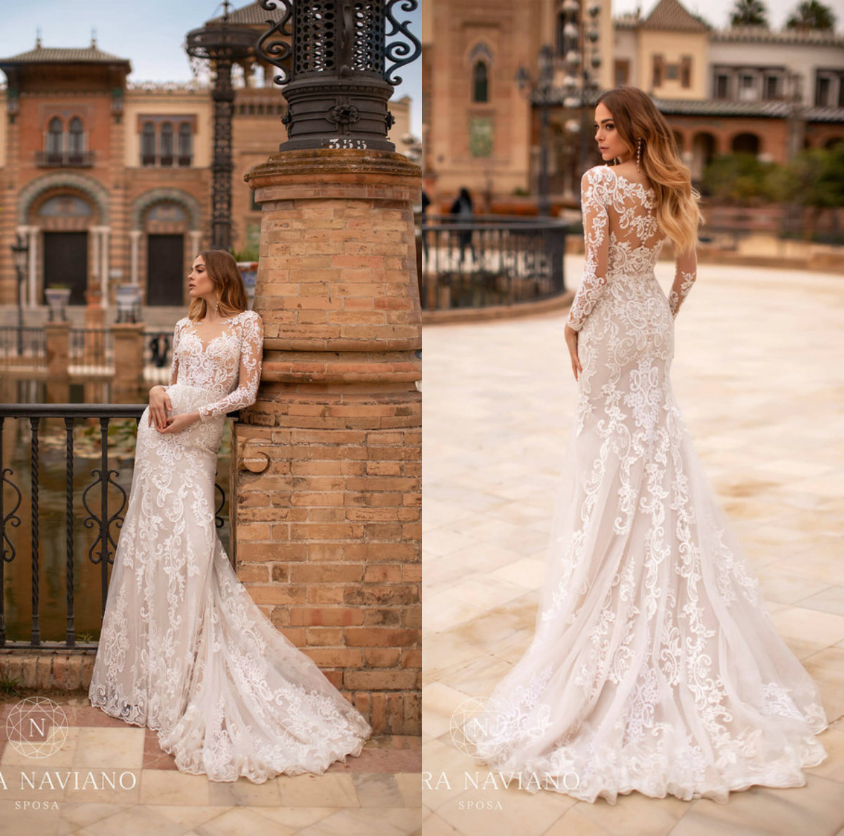 nora naviano mermaid dresses sexy sheer v neck bridal gowns sweep train beach long sleeve wedding dress