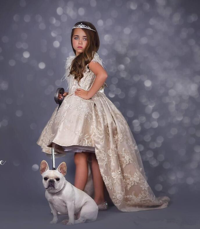 2020 New High Low Flower Girl Dresses Jewel Feather Boho First Communion Gowns For Little Girl Short Sleeves A Line Girls Pageant Dresses