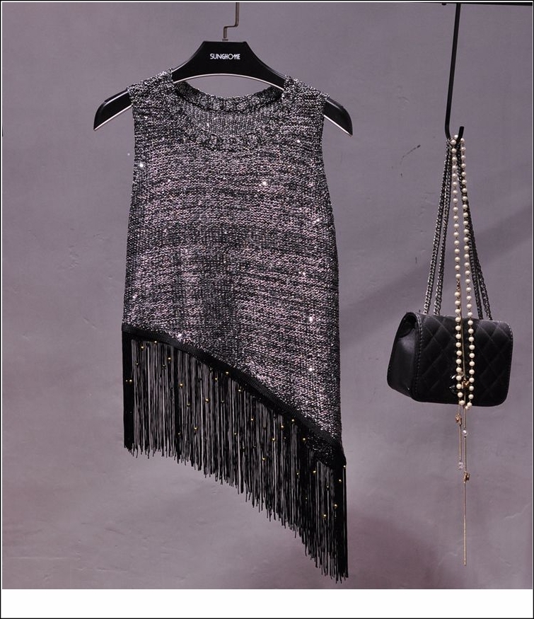 2018 O Neck Sleeveless Irregular Knitted Tanks Tops Women Sequined Shiny Gold Tanks Women Fashion Tassels Shiny Gold Camis Vest Q190403
