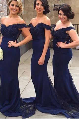Dark Navy mermaid off shoulder bridesmaid dresses plus size sexy backless prom gowns cheap Robe d'invité de mariage long wedding guest dress
