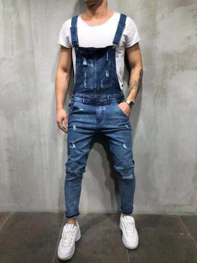 Fashion Mens Ripped Jeans Jumpsuits Hole Denim Bib Overalls For Man Designer Bike Jean Free Shipping