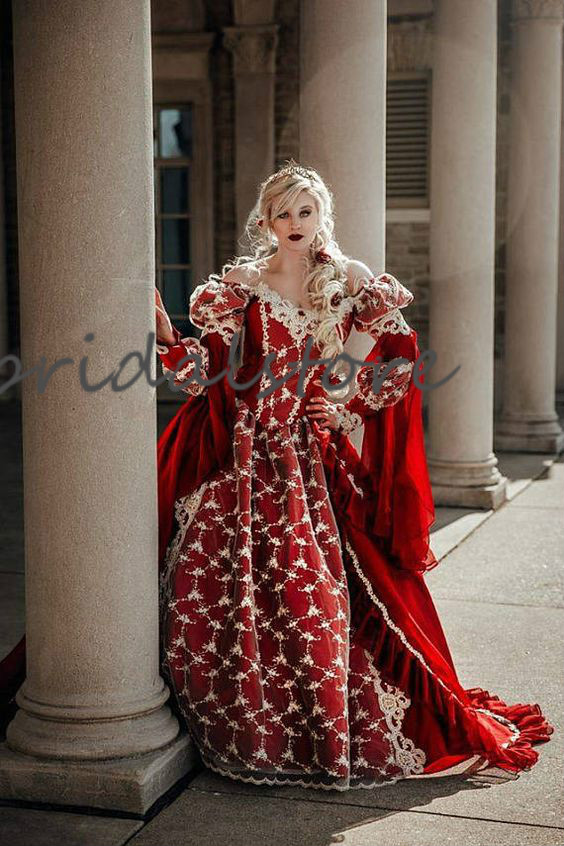 Fantasy Red Queen Gothic Wedding Dresses Halloween Medieval Country Garden A Line Wedding Dress With Lace Long Sleeves Corset Bridal Gowns