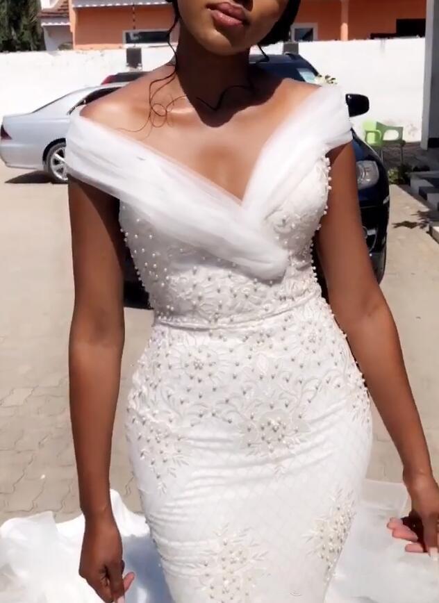 African Mermaid Dresses for Black Girls Off Shoulder Backless Beaded Pearls Plus Size Wedding Dress Bridal Gowns vestidos de novia