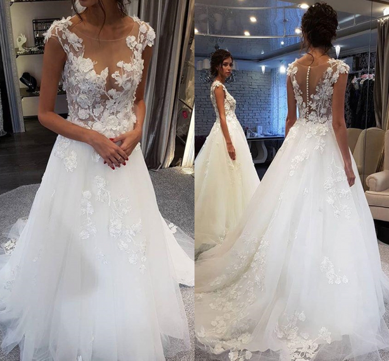 New Scoop Wedding Dresses White Lace Applique A Line Sleeveless Illusion Sweep Train Bridal Gown Dress with Back Buttons