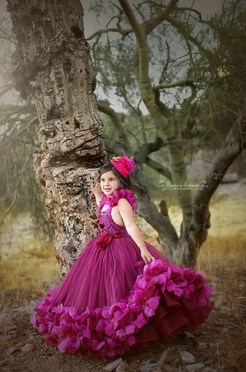 Fuchsia Flower Girl Dresses Lace Beaded V Neck Handmade Flowers Ball Gown Little Kids Birthday Party Wear Cute Girls Pageant Dress