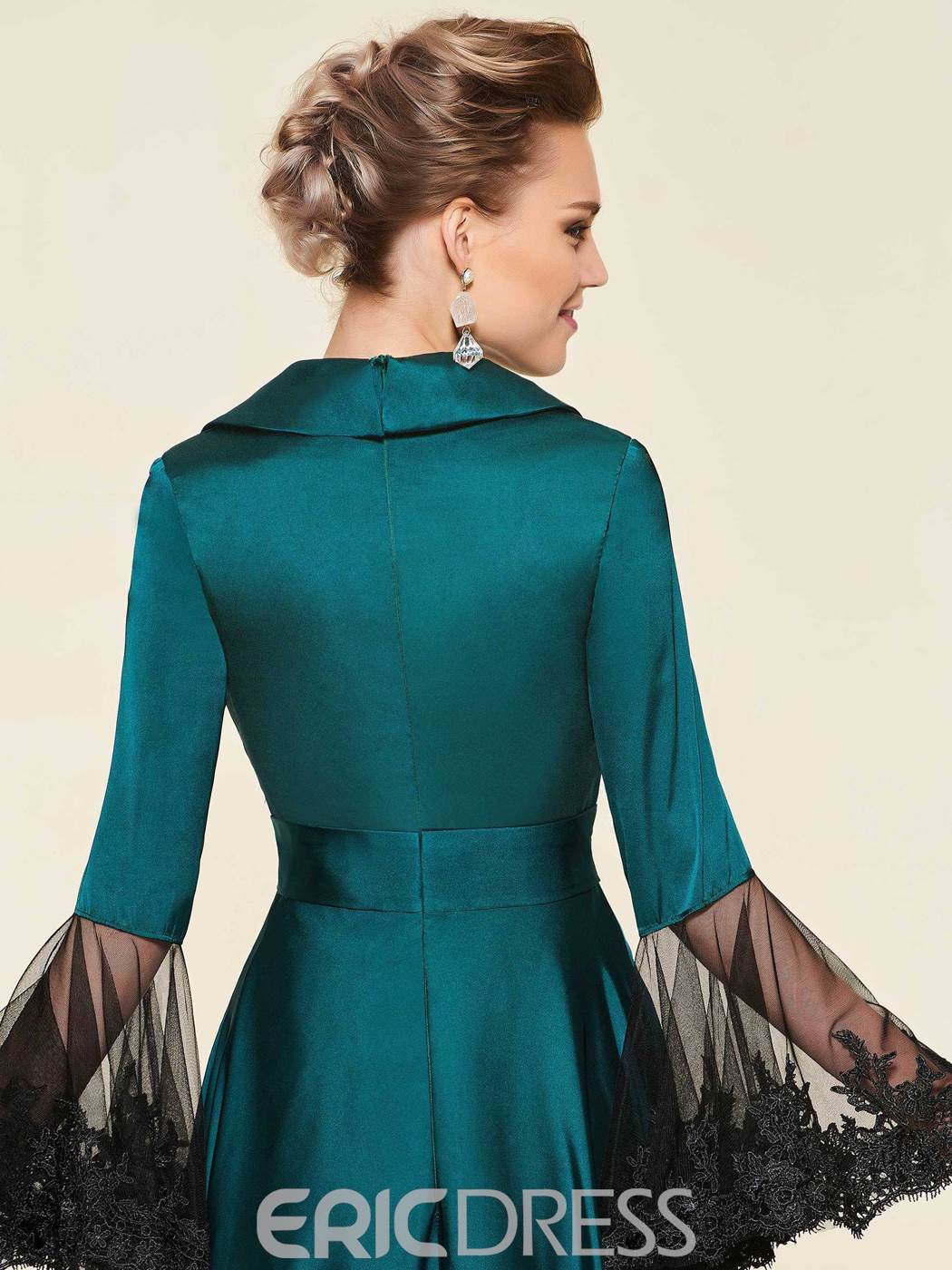 Elegant Ericdress A Line Mother of The Bride Dresses V Neck Long Sleeve Wedding Guest Dress Lace Applique Sweep Train Evening Gown