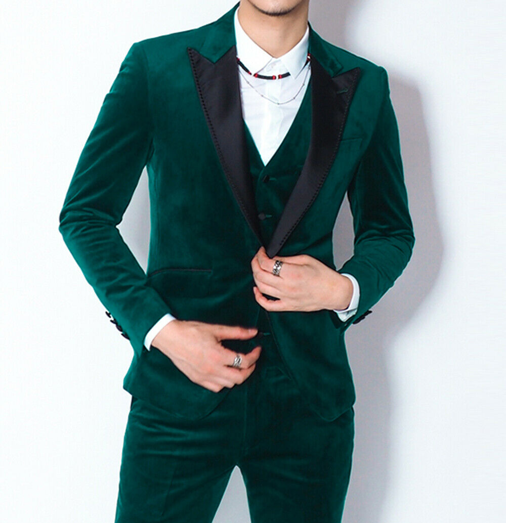 2019 Men Suit Velvet Green Suits Black Peak Lapel Formal Groom 3 Pieces Suits Separately Prom Dress Party Wear Custom Made Wedding Tuxedos