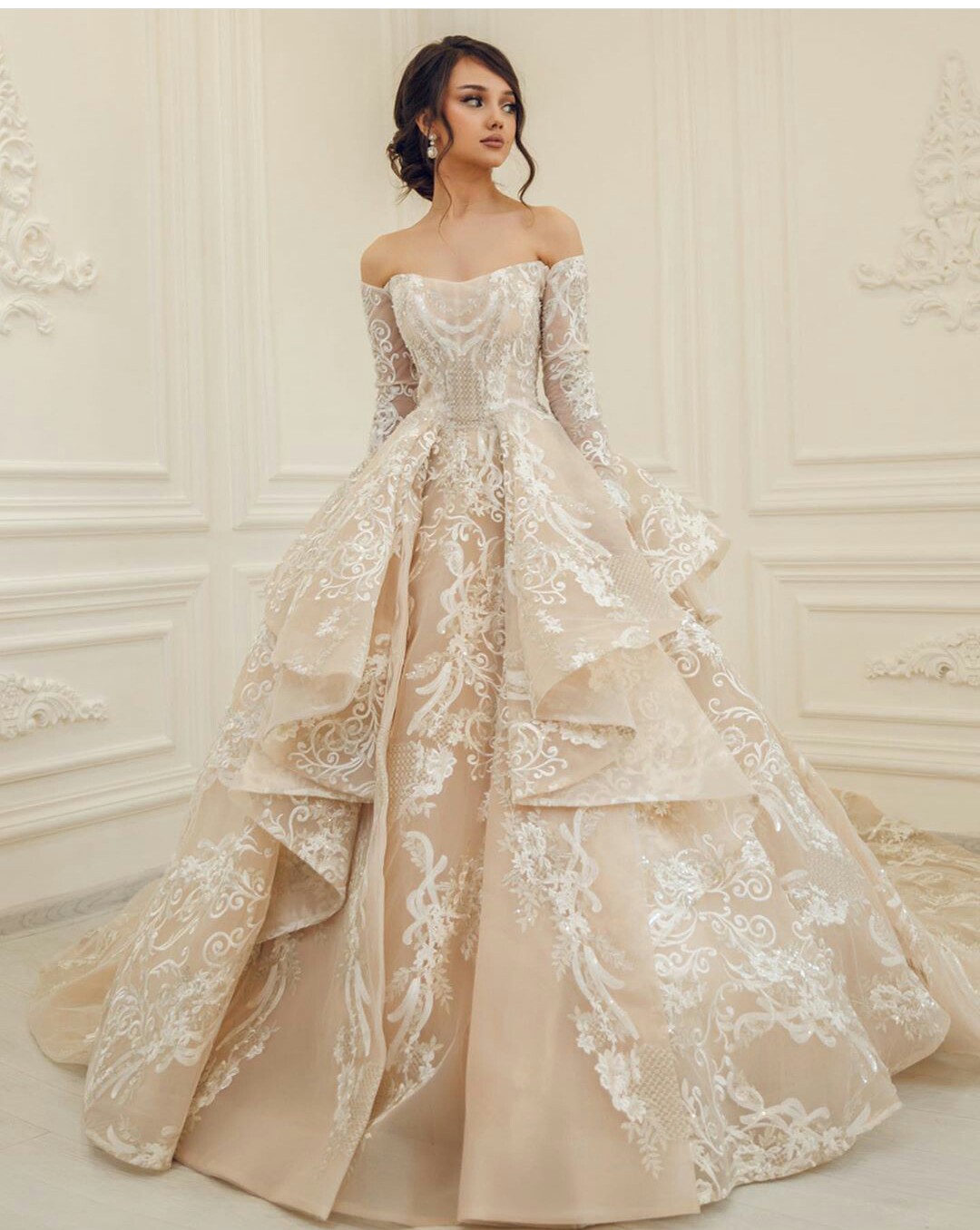 floral aline evening dresses bateau long sleeve applique lace court train evening gown custom made formal party gown vestidos de novia