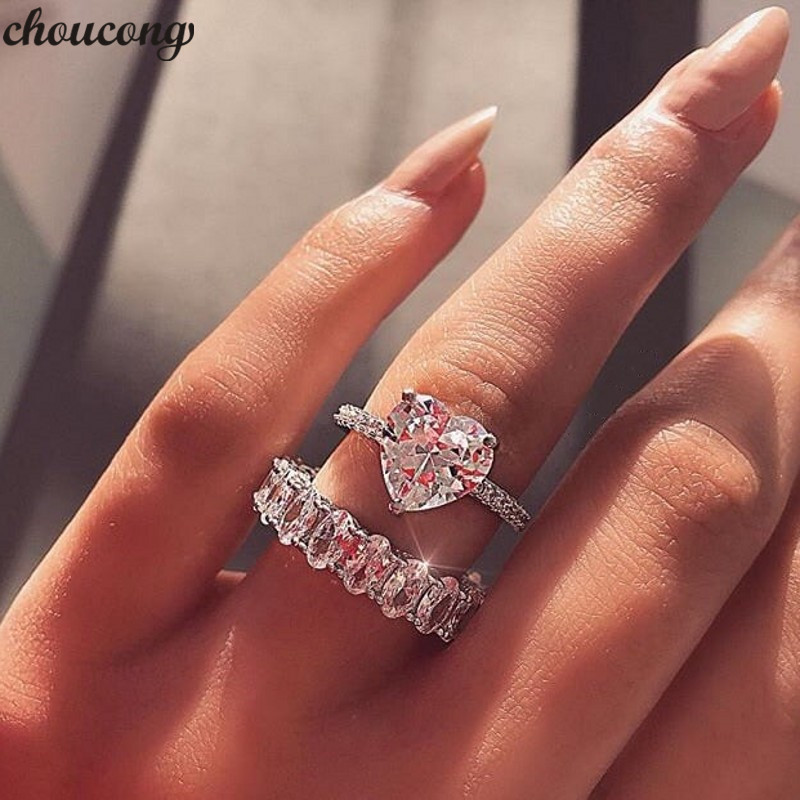 vecalon Fashion Heart Promise Ring Set Diamond 925 Sterling Silver Engagement Wedding Band Rings for women Bridal Jewelry