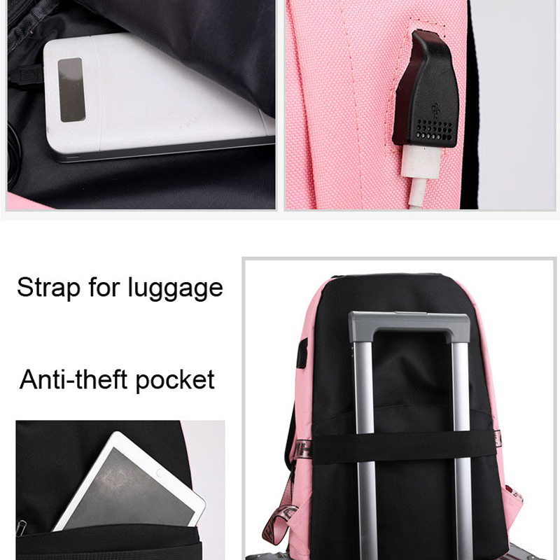 Winmax Luminous USB Charge Women Backpack Fashion Letters Print School Bag Teenager Girls Ribbons Backpack Mochila Sac A Dos Y191102