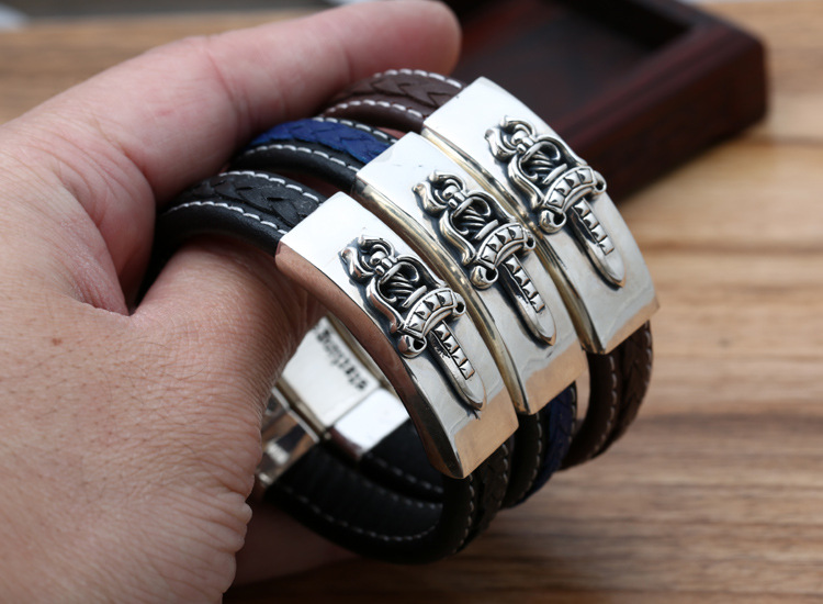 Brand new 925 sterling silver handmade jewelry American European vintage antique silver designer ID bracelets leather band nice gift