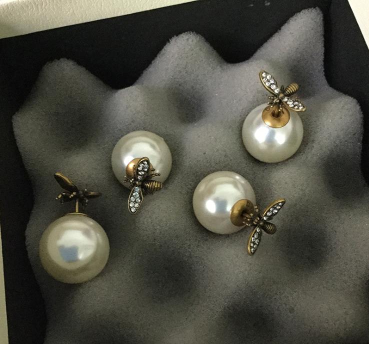 Classic size double-sided Pearl Earrings Sterling Silver needle with Diamond Earrings