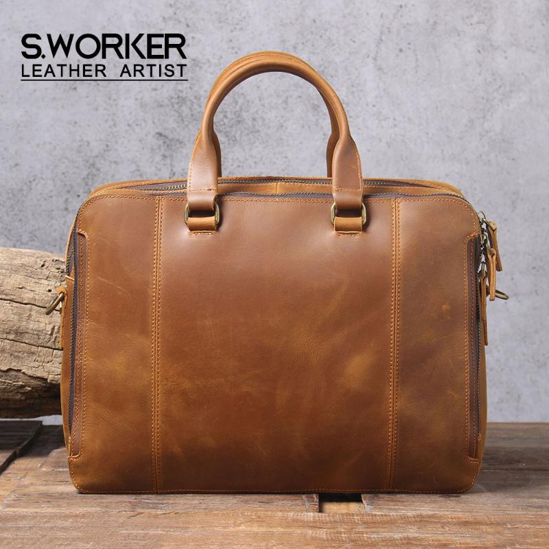 S.WORKER Vintage Genuine Leather Men's Briefcase Cowhide Laptop Messenger Bag Crazy Horse Leather Handbag Retro Shooulder Bag, Brown
S.WORKER Vintage Genuine Leather Men's Briefcase Cowhide Laptop Messenger Bag Crazy Horse Leather Handbag Retro Shooulder Bag, Brown