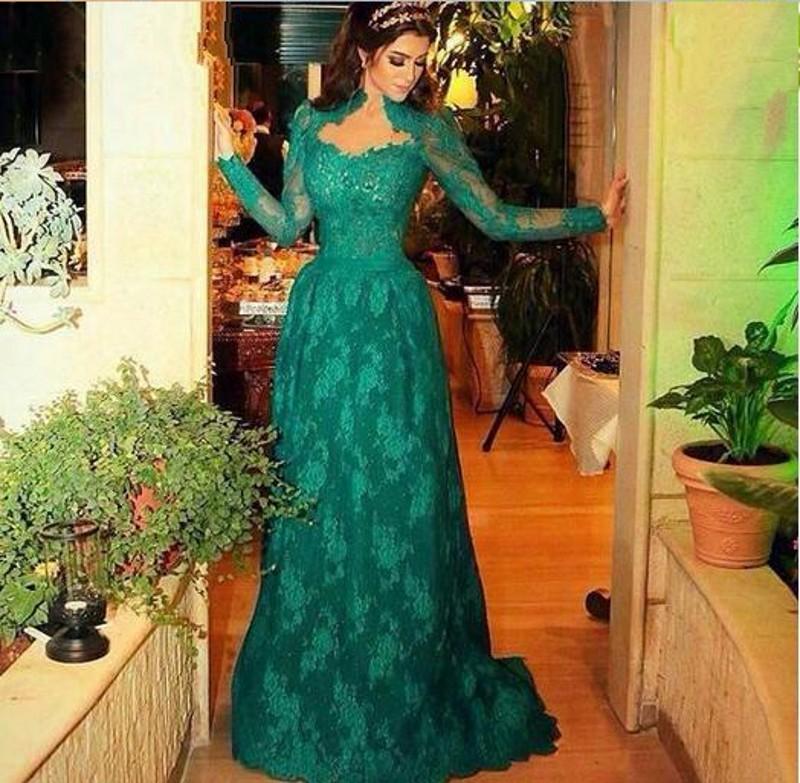 2020 New High Neck Lace Evening Dresses Long Sleeves Mother of the Bride Dresses Modest Full Length Cheap Formal Gowns Evening Gowns