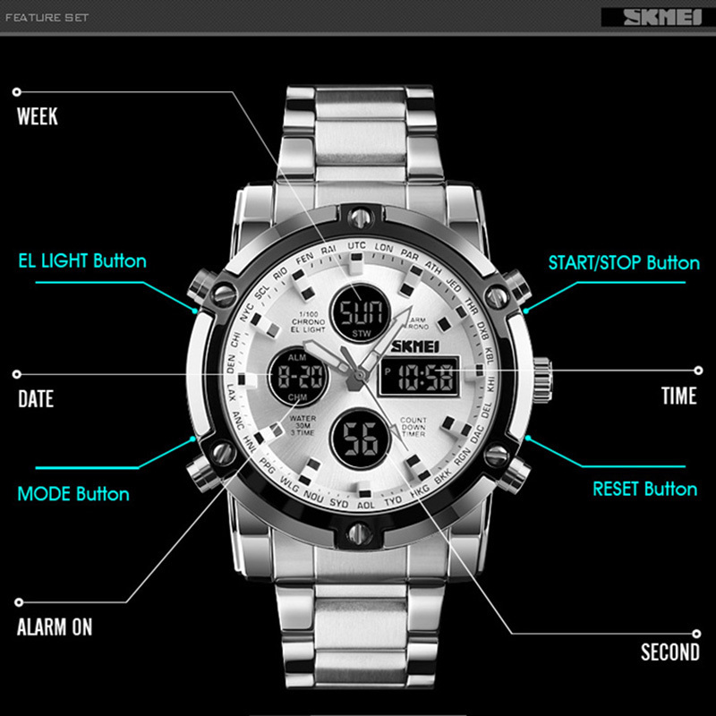 Analog Digital Watches Men Led Full Steel Male Clock Men Military Wristwatch Quartz Sports Watch Reloj Hombre 2018 Skmei Y19051403