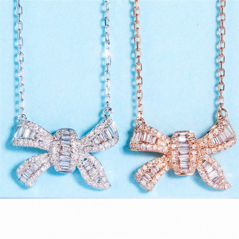 Vecalon Elegant Bowknot pendant Real 925 Sterling silver 5A zircon Wedding Pendants with necklace for Women Party Jewelry