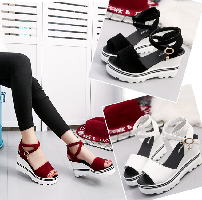 Hot Sale-2019 summer new women's sandals suede solid color high heels wedges buckle fish mouth open toe increased thin women's shoes