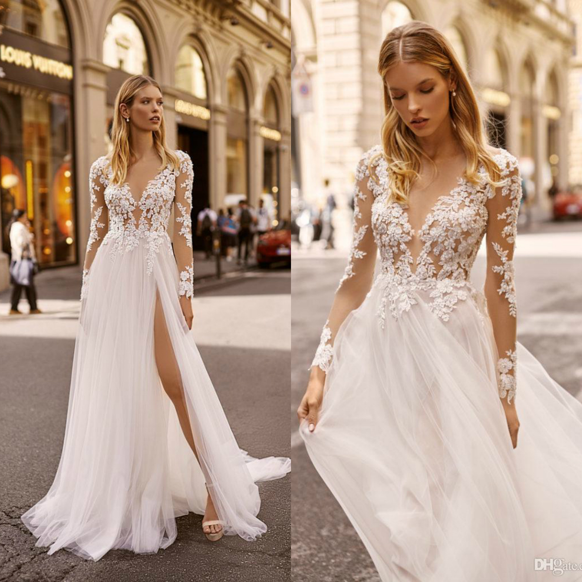 bohemian a line wedding dresses v neck lace appliqued beach boho long sleeve high side split beads bridal gowns vestido de novia