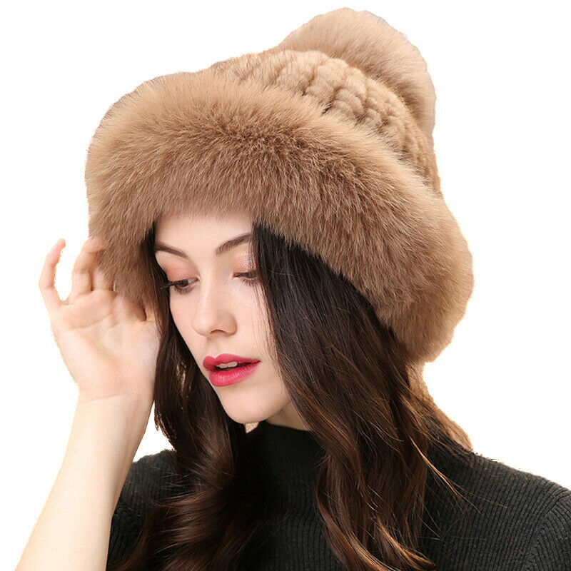 Real Mink Fur Christmas Hats Real Fox Fur Brim Winter Warm Cap For Women 9Colors