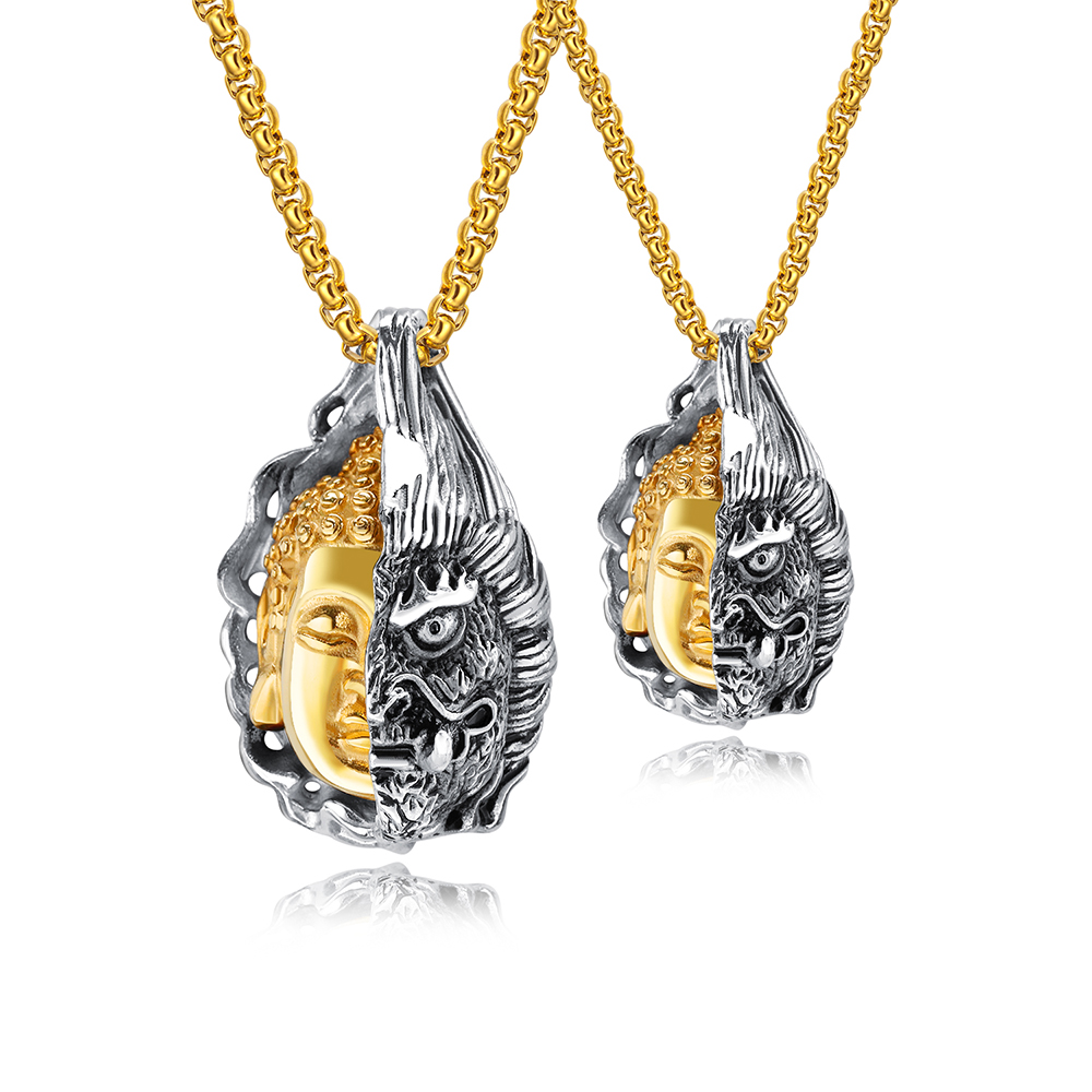 Half Magic Half Buddha Pendant Necklace 316L Stainless Steel 18k Gold Plated Men's Folk-custom Couple Pendant Necklace Jewelry