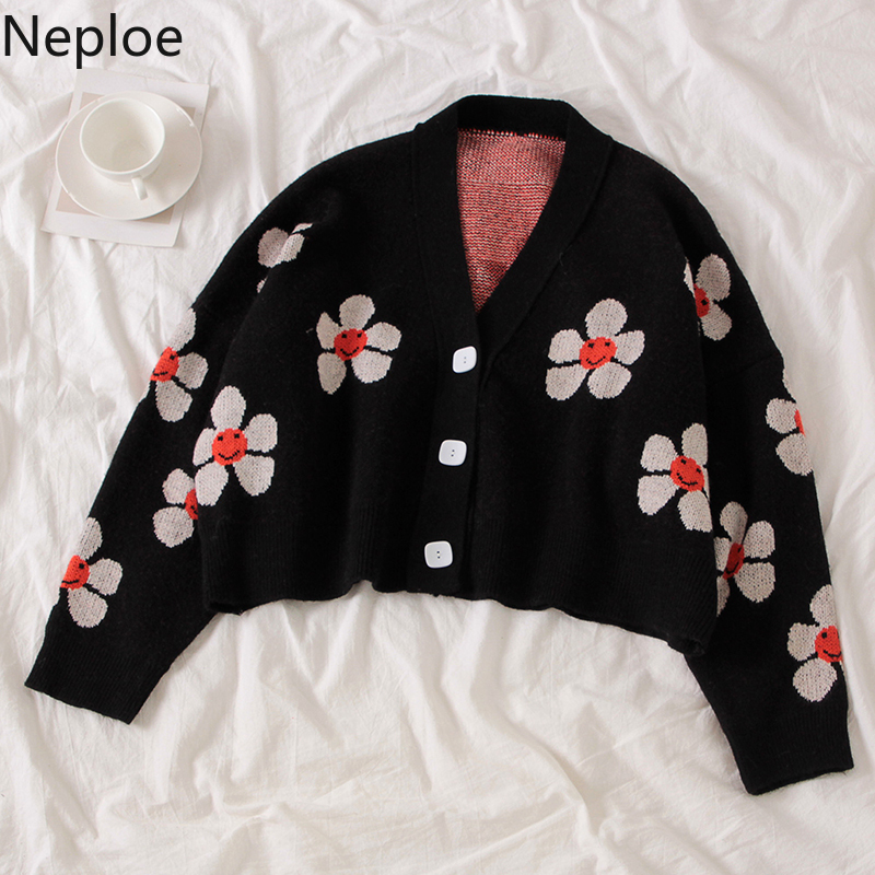 Neploe Preppy Style Flower Knit Cardigans Sweater Women V Neck Loose elegaht Thicked Pull Femme Print Short Casual Coat 46565 T200319