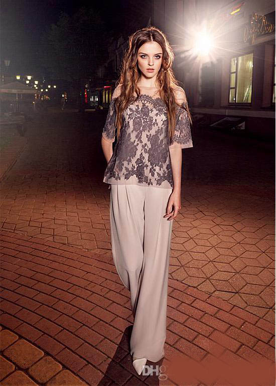 Stylish Lace Mother Of The Bride Pant Suits With Half Sleeves Bateau Neck Wedding Guest Dress Chiffon Plus Size Mothers Groom Dresse