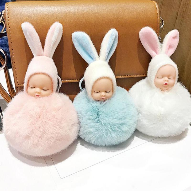 30pcs /Lot Plush Dolls Keychains Lovely Rabbit Ear Sleeping Baby Key Ring Creative Gift Fashion Jewelry For Girls Bag Decoration