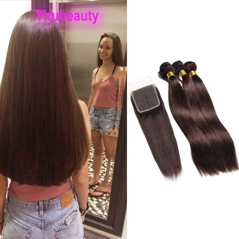 Peruvian Human Hair 2# Color Straight 3 Bundles With 4X4 Lace Closure With Baby Hair Extensions Body Wave Products 4 PCS
