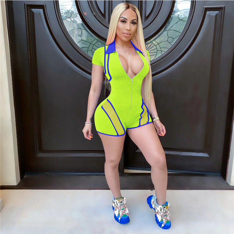 New Plus size 2X Summer Women solid color shorts Jumpsuits fashion short sleeve bodysuits Casual mesh panelled Overalls night club wear 3185
