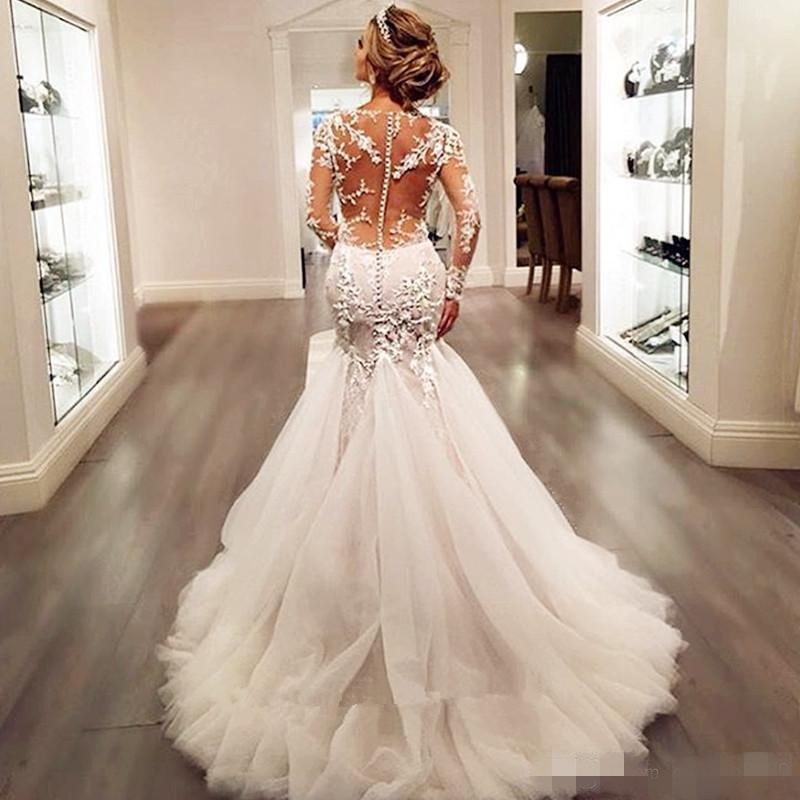 Back Sexy Illusion Mermaid Dresses Lace Applique V Neck Long Sleeves Covered Buttons Tulle Sweep Train Custom Made Wedding Gown