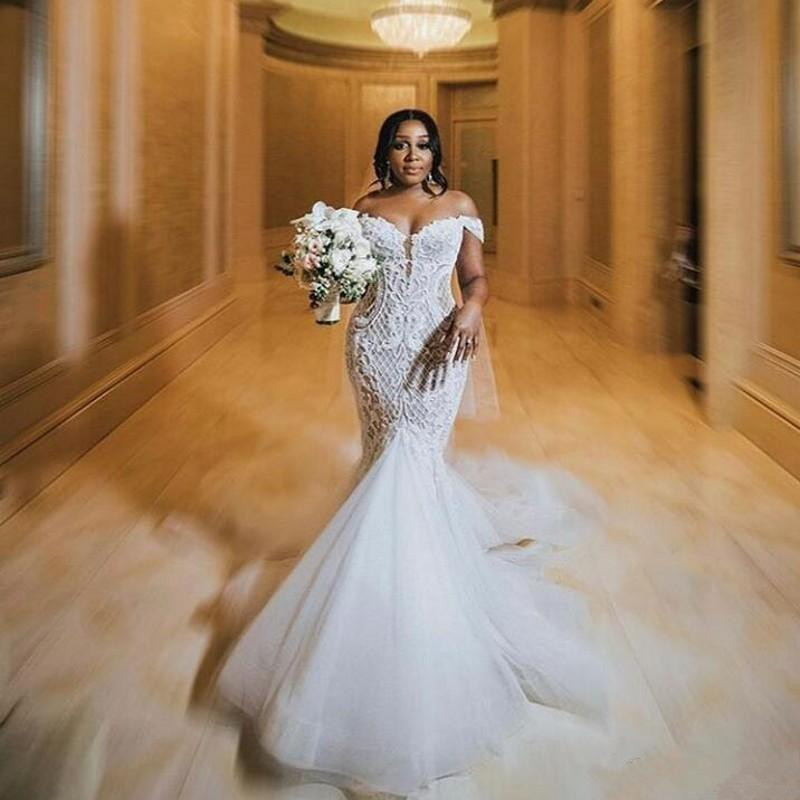 2020 Arabic Mermaid Wedding Dresses Plus Size Off The Shoulder Lace Appliqued Bridal Gowns Robe De Mariée