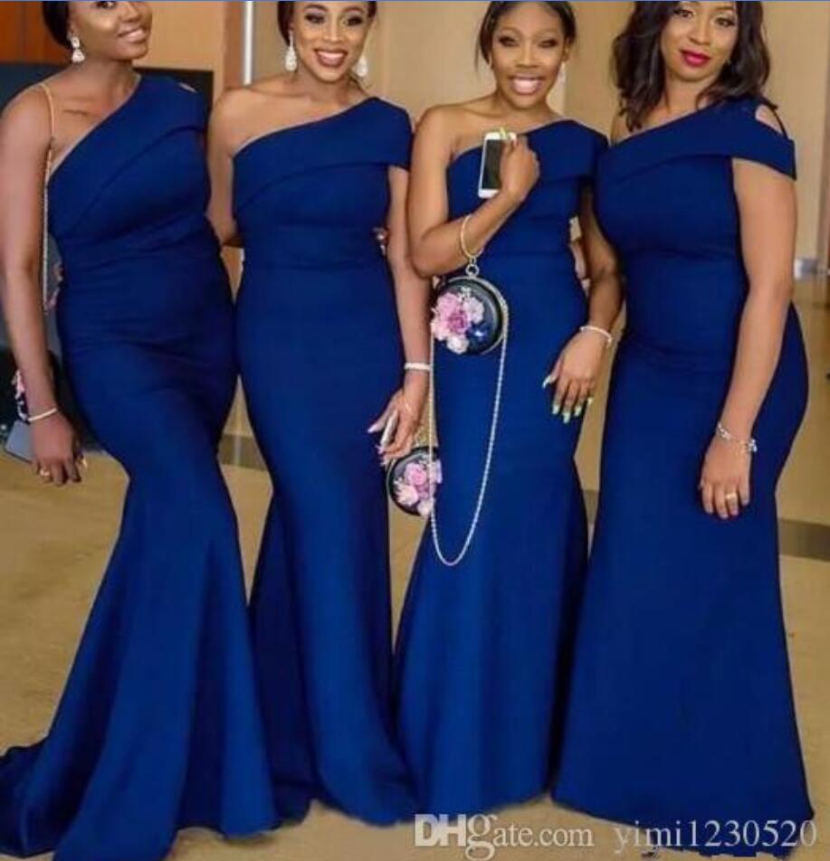 Royal Blue Bridesmaid Dresses One Shoulder Sweep Train Simple Satin African Country Wedding Guest Gowns Maid Of Honor Dress Plus Size