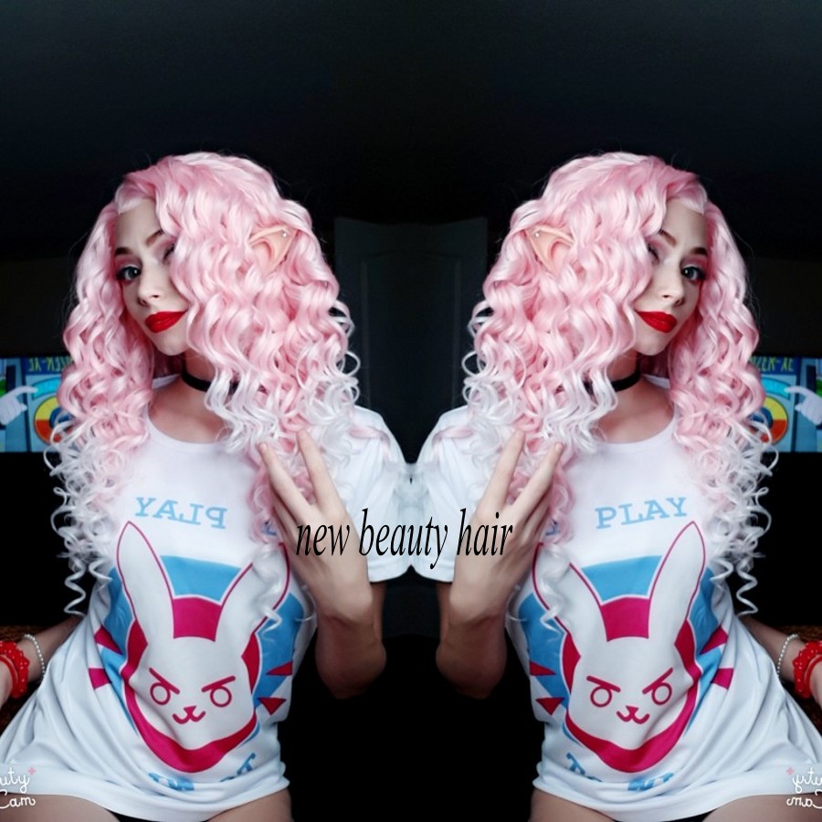 Long deep wave Pink Wig celebrity Women cosplay style lace frontal Heat Resistant Synthetic Lace Front Wigs Curly Wig natural hairline