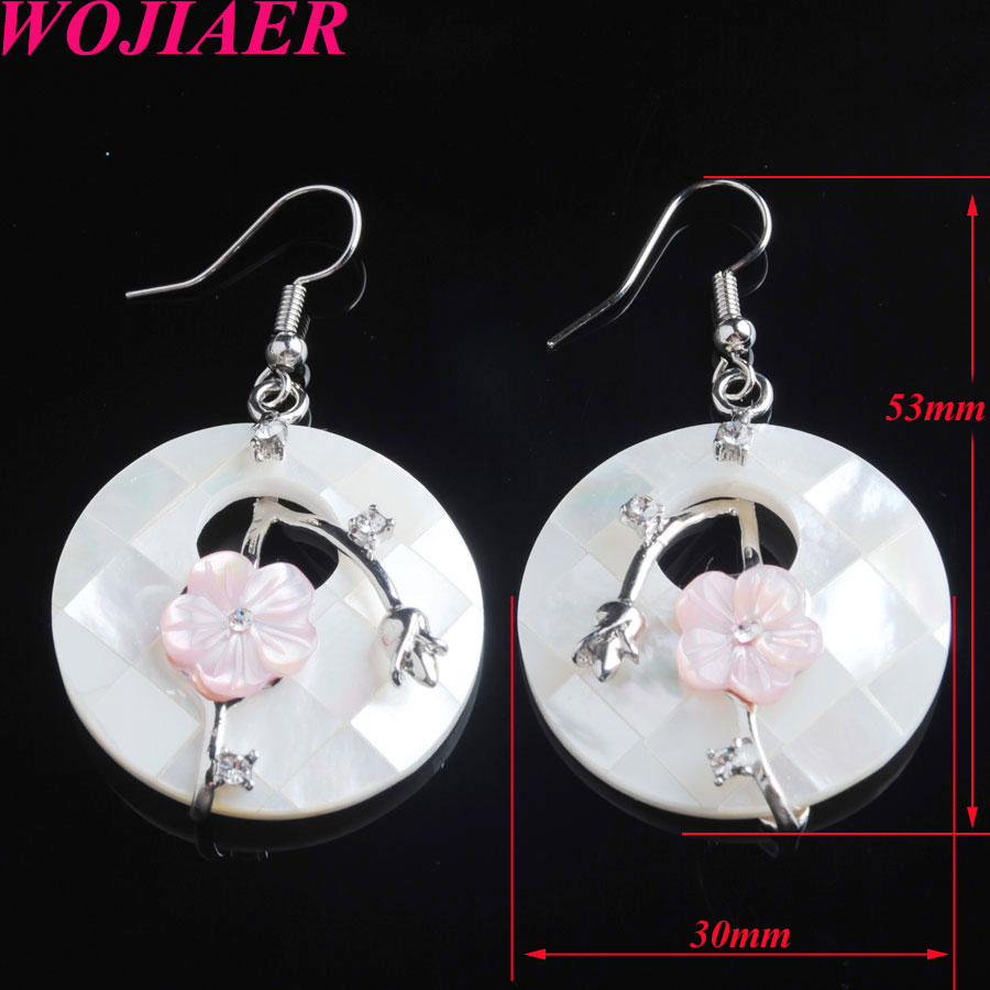 WOJIAER Fashion Hollow Women Dangle Earrings Natural Donut Mother of Pearl Abalone Shell Flower Crystal CZ Jewelry Earring BV909