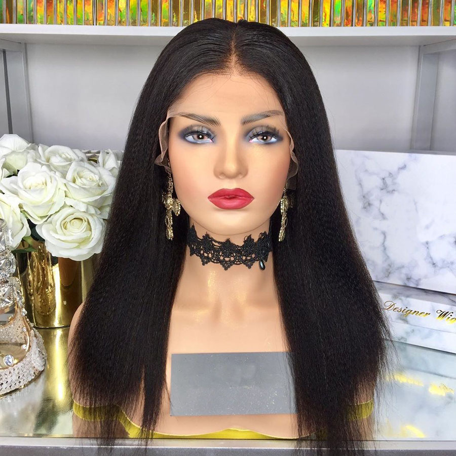 Free shipping Natural Frontal Kinky Straight Brazilian Wig Yaki 150% Density Lace Front Afro Synthetic Wigs For Black Women